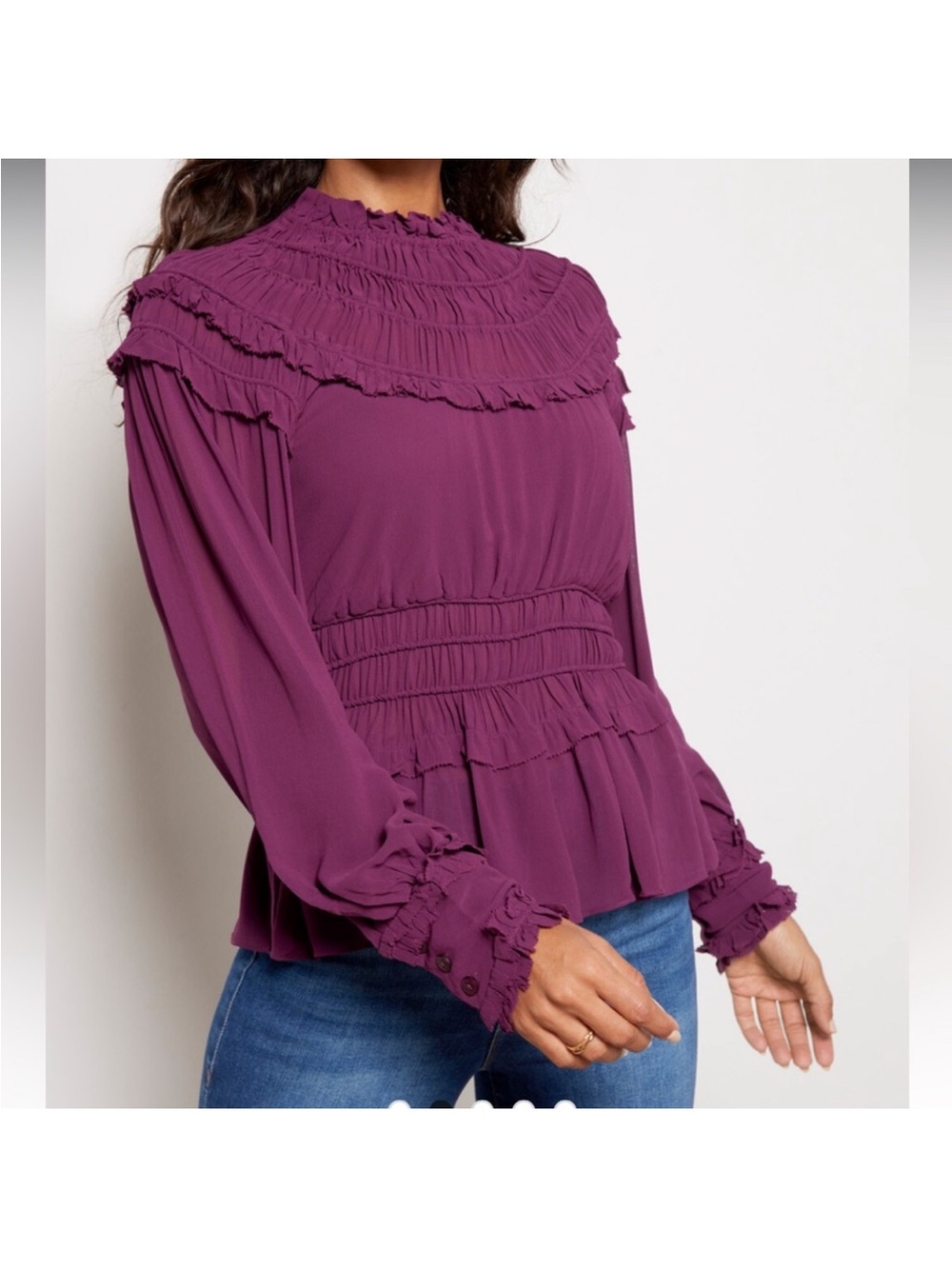 FARM Rio Sheer Ruffled High-Neck Blouse - Picture 2 of 6